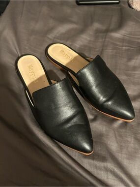 Maypie Black Pointed Leather Backless Mules